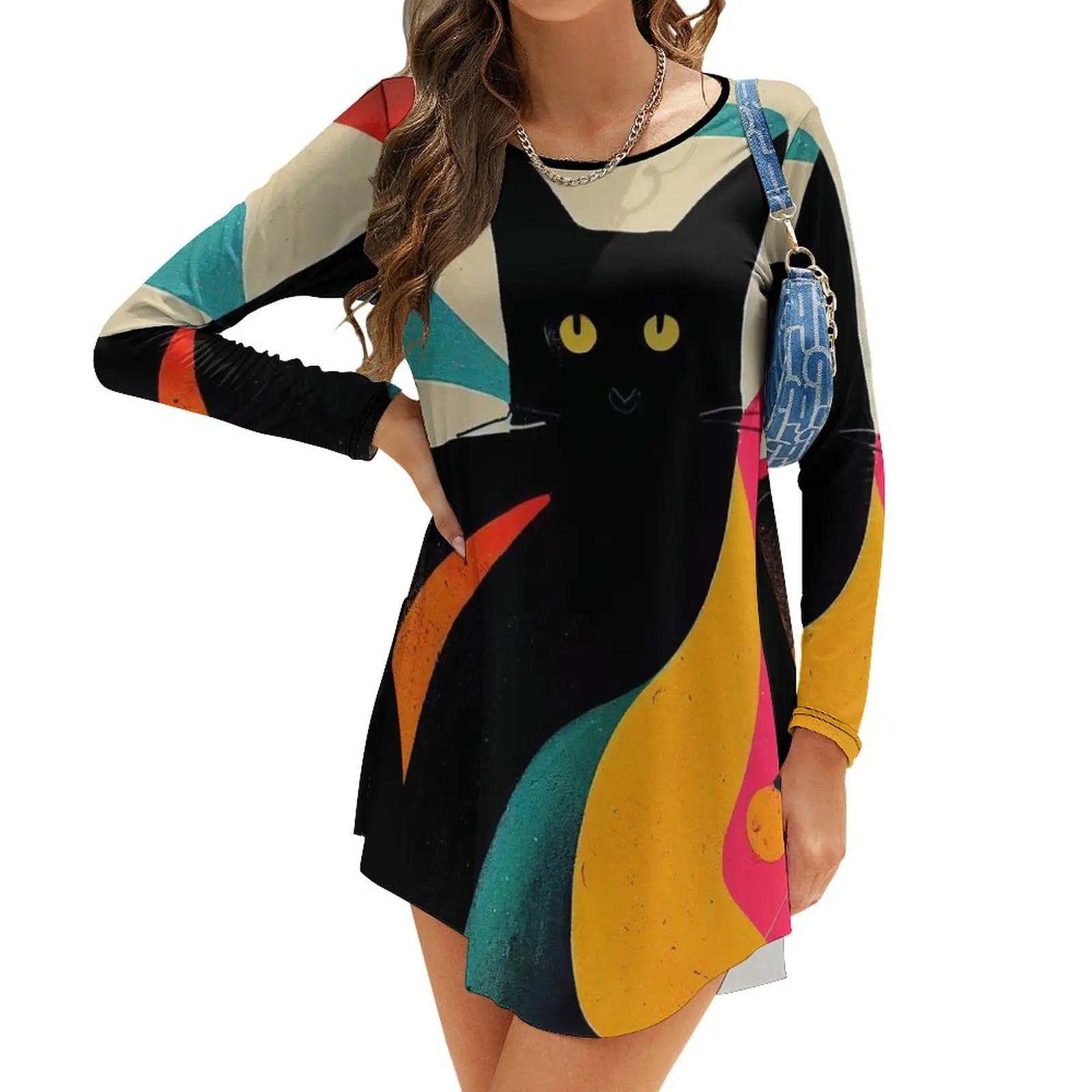 

Abstract Cat Long-Sleeve Dress women's evening dress 2024 summer dress woman 2024 trendy