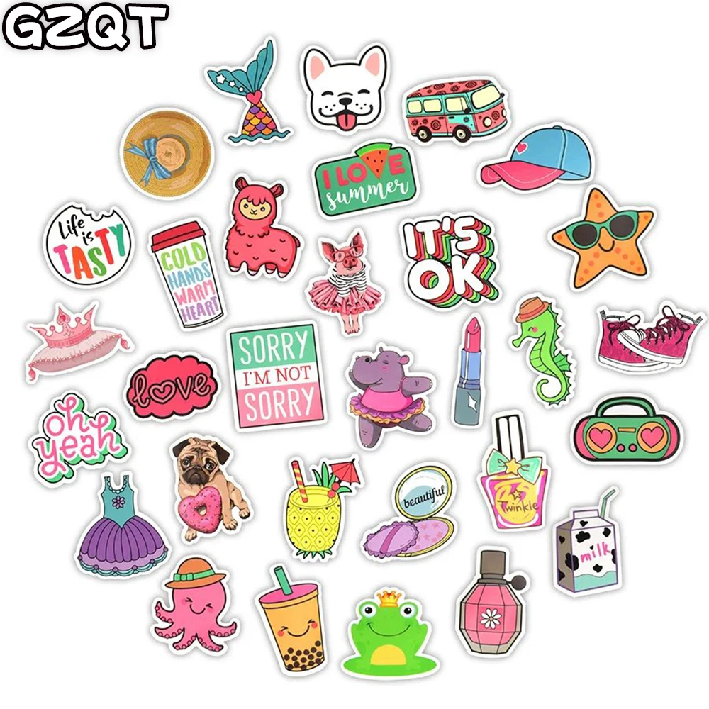 50 PCS Pink Girls Cute Stickers Trendy Kawaii Summer Beach Sticker for  Suitcase Moto Car Laptop Guitar Bike Gifts Toys for Kids