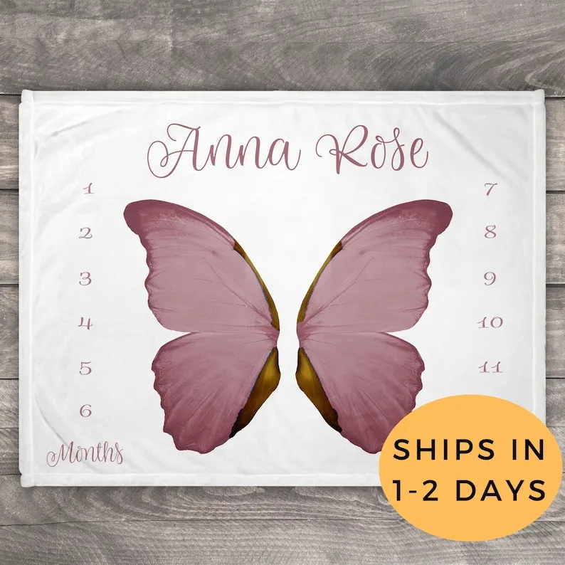 

Butterfly Blanket, Milestone Blanket, Photo Blanket, Growth Chart, Name Blanket, Baby Girl Personalized Blanket, Baby Girl Month