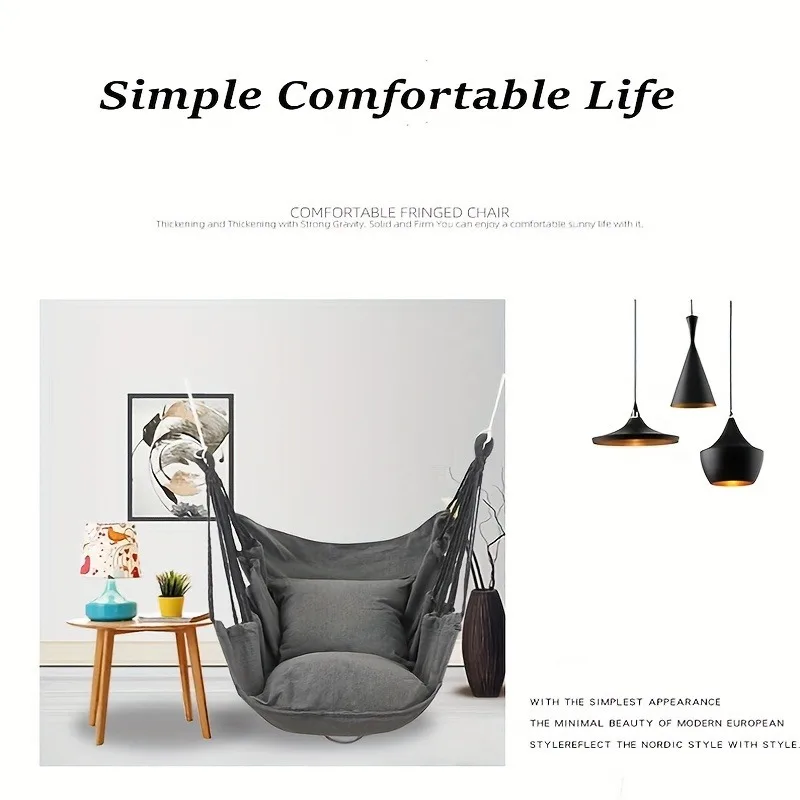 Outdoor Hammock Chair with 2 Pillows, Striped Hammock Suitable for Both Outdoor and Indoor Use, Outdoor Hanging Rope Chair