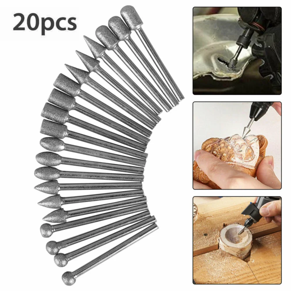 

20pcs Rotary Tool Drill Bits Set 120 Grit Electroplated Diamond Stone Carving Set Diamond Burr Bits Polishing Engraving