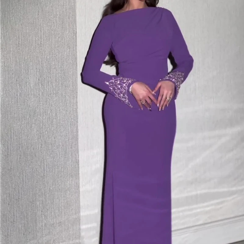 

Женское платье с круглым вырезом и длинным рукавом, фиолетовое длинное облегающее платье со стразами, элегантное прямое платье для выпускного вечера, весна 2024