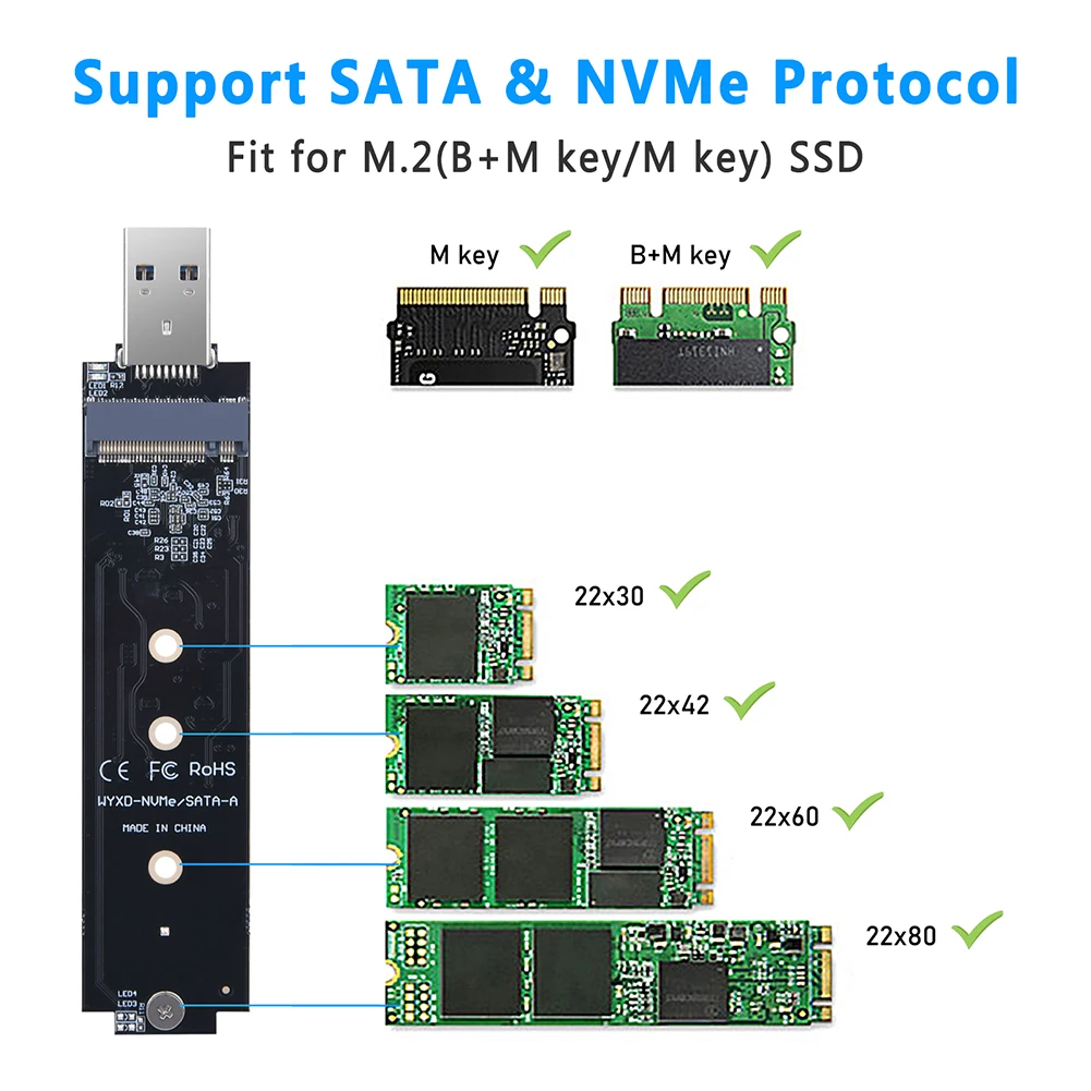 M.2 To USB Adapter 10Gbps M-Key M.2 NVME To USB Card Reader Dual Protocol NVMe SATA M2 SSD Board for M.2 2230 2242 2260 2280 SSD