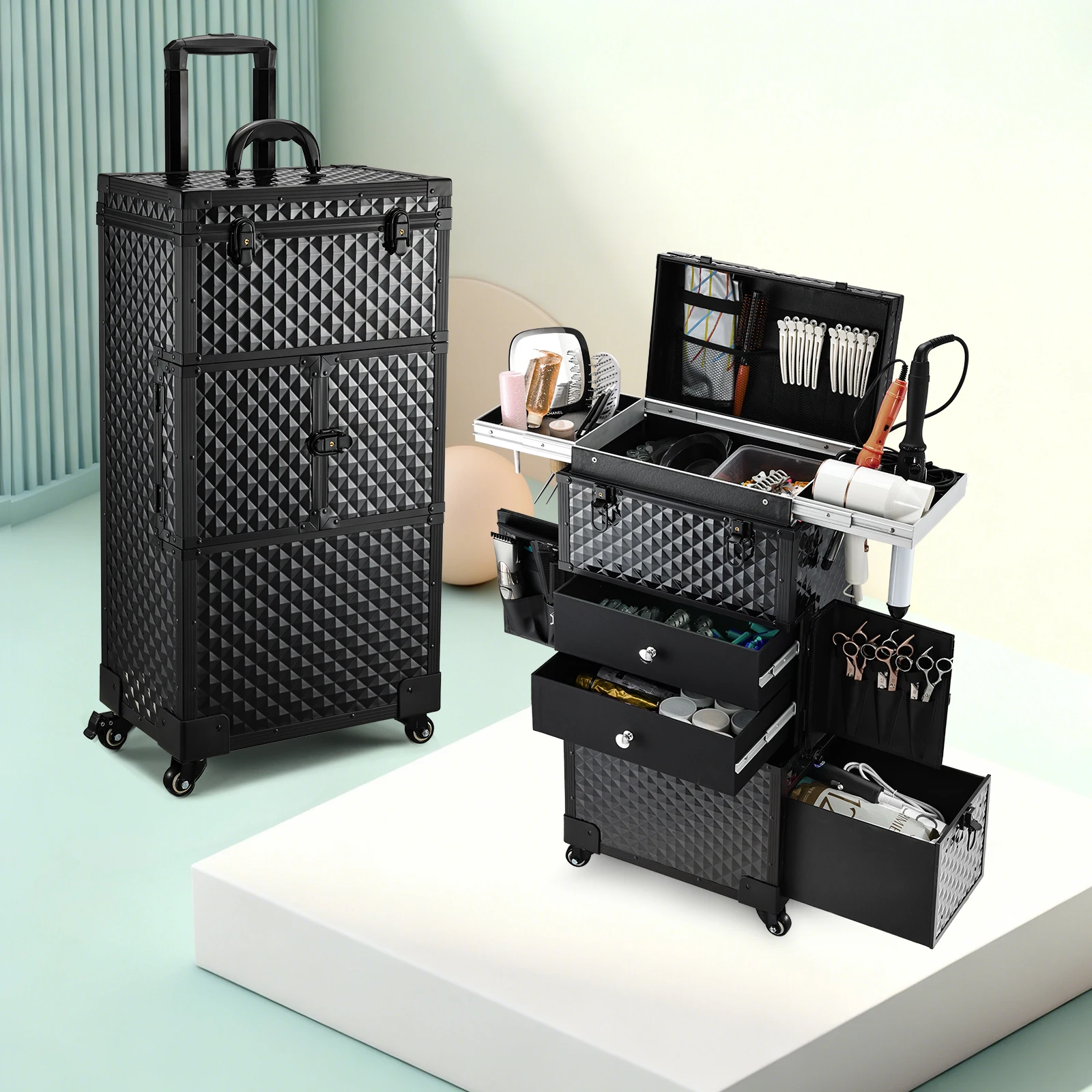 Mallette de maquillage roulante, chariot de cosmétologie professionnel, verrouillage sur roulettes pour barbier et artistes de maquillage avec support pour sèche-cheveux
