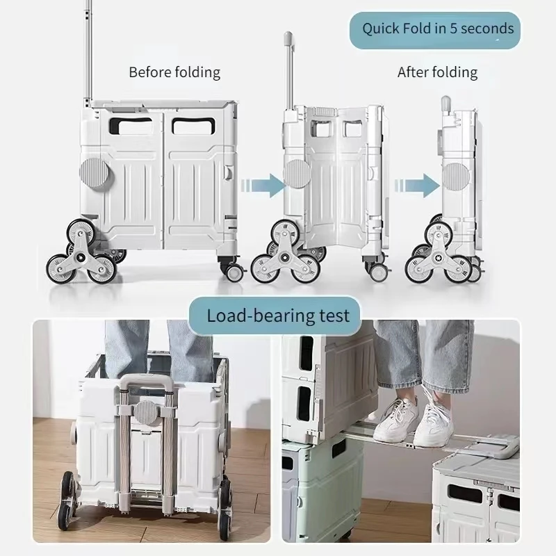 Outdoor Portable Folding Shopping Carts Hand Pushing Picnic Camping Trolley Vegetable Basket Pull Rod 8 Wheels Stair Climbing
