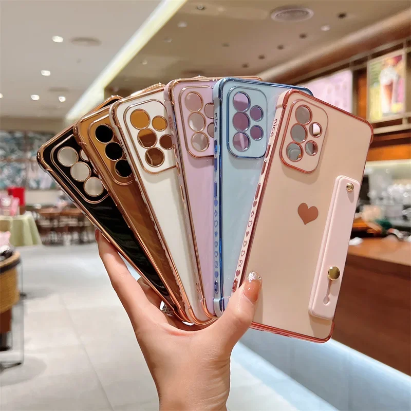 Wrist Strap Holder Plating Love Heart Shockproof Phone Case