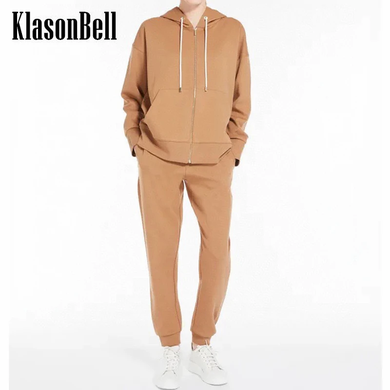 

9.26 KlasonBell Kangaroo Pocket Letter Embroidery Hooded Drawstring Zipper Hoodie + Sweatpants Casual Women's 2 Piece Set