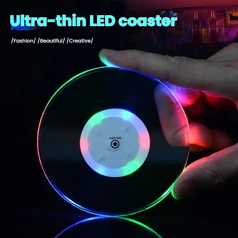 LED Light Cup Mat Acrylic Crystal Drink Coaster Super Thin Cocktail Coaster Bar Mixing Glow Colorful