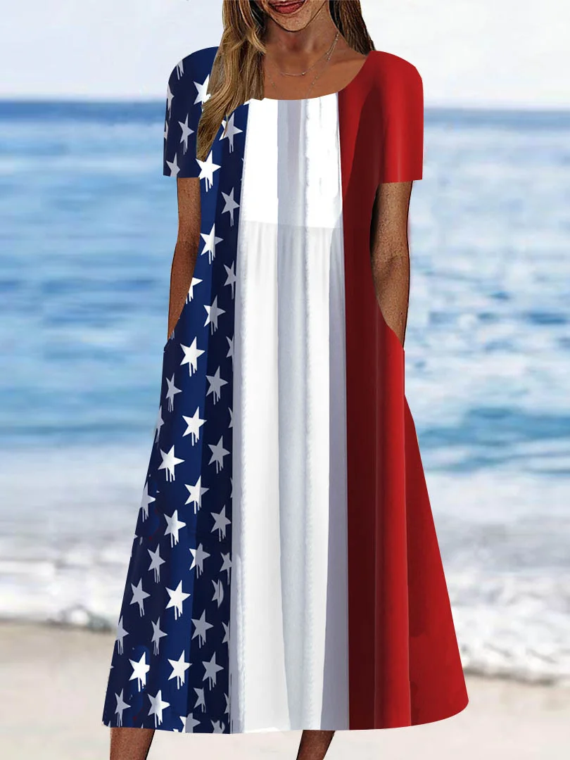 

Женское платье миди с коротким рукавом и круглым вырезом