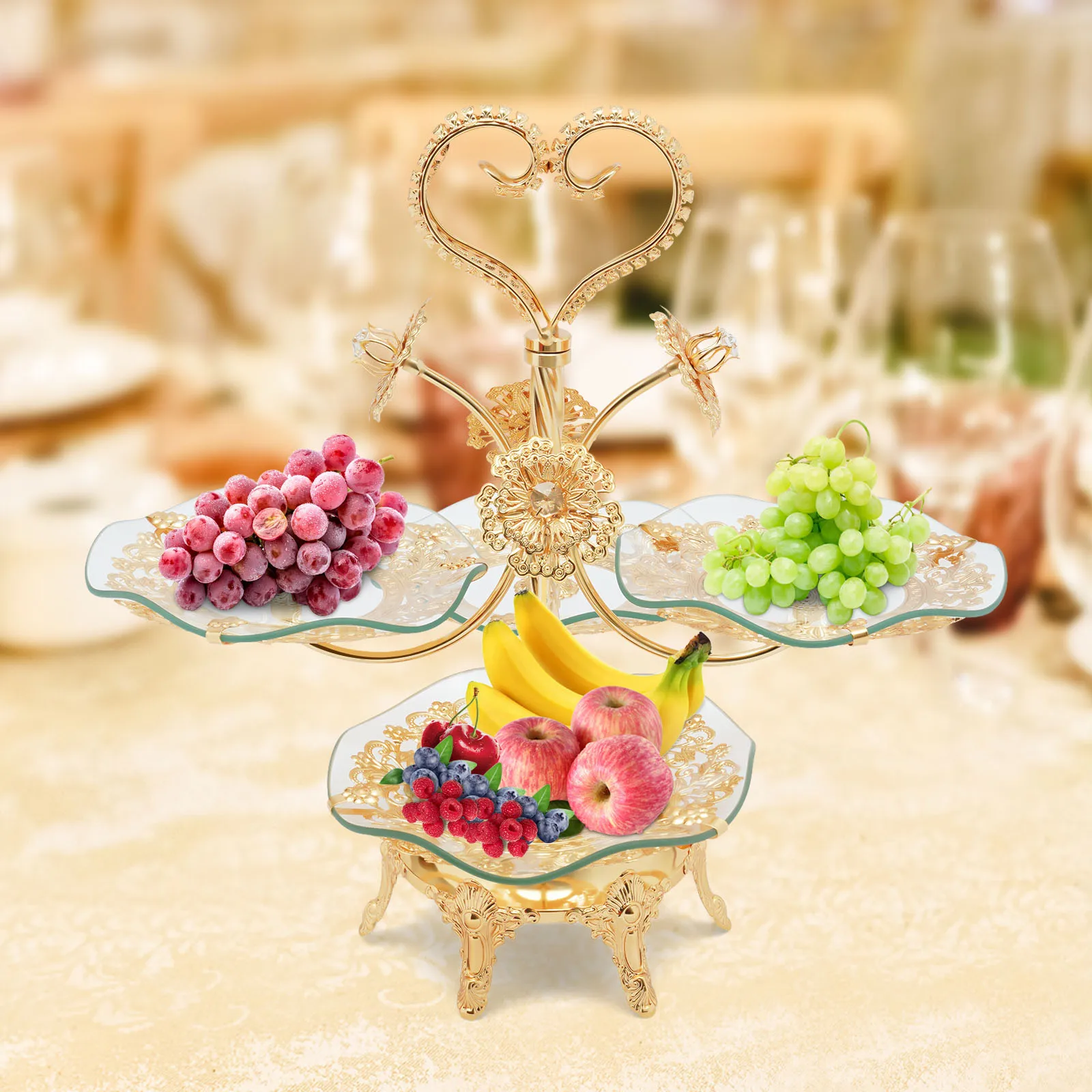 Cake Stands , Gold Fruit Bowl Tray Holder Dessert Stand Cake Plate with Round Glass Plate & Stainless Steel Holder