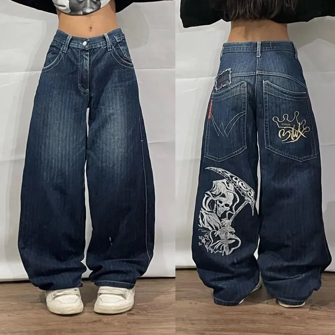 

Korean Fashion Y2K Hip Hop Street Big Pocket Classic Death Print Baggy Jeans Vintage High Waist Denim Pants Men's Wide Leg Pants