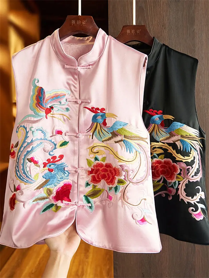 

Китайская жилетка 2023, розовая искусственная жилетка, Женский весенне-осенний костюм с винтажной вышивкой Тан, короткий топ на пуговицах z769