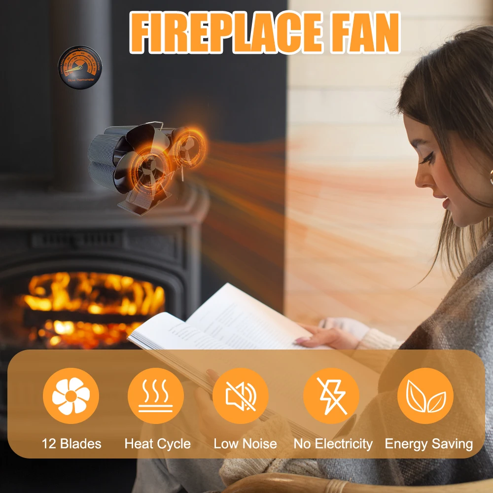 Wood Stove Fan Heat Powered Dual Silent Motors 4 Blades Non-Electric Heat Activated Fireplace Fan with Bracket and Thermometer