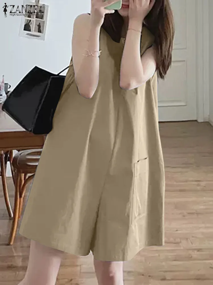 

Casual Loose Holiday Overalls ZANZEA Women O Neck Sleeveless Jumpsuit Fashion Solid Short Rompers Summer Wide Leg Short Playsuit