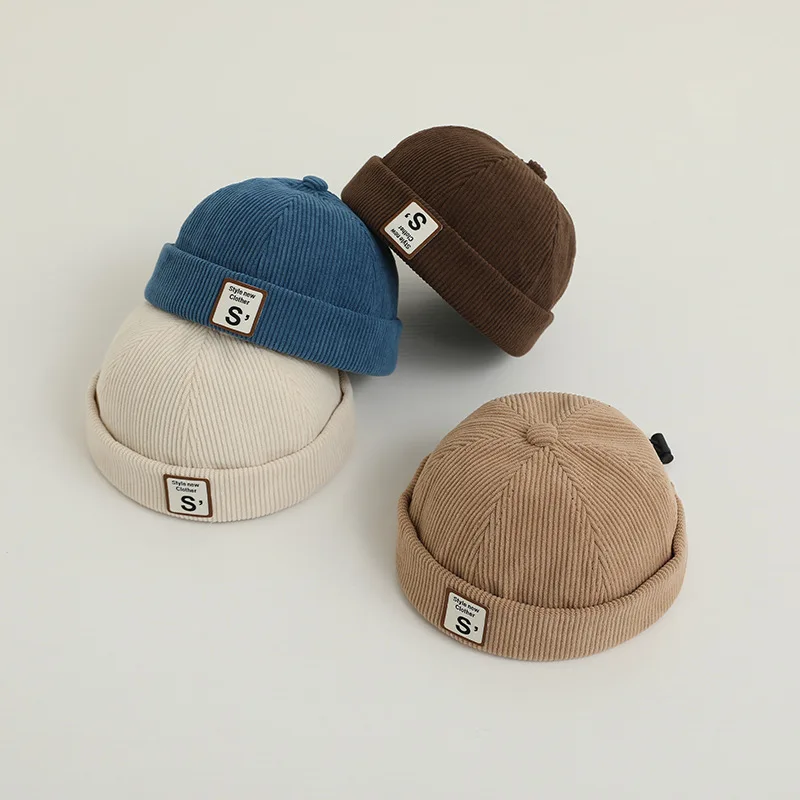 Spring Autumn Baby Brimless Hat Retro Corduroy Letter Boys Girls Hip Hop Beanie Solid Color Children Adjustable Dome Melon Cap baby hat kids caps