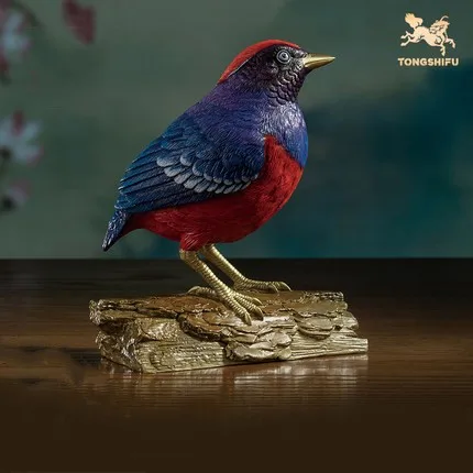 

Copper Handicraft Animal Figurine Red Eight-color Thrush Statue Brass Animal Sculpture Bird Collection Home Room Decoration Gift