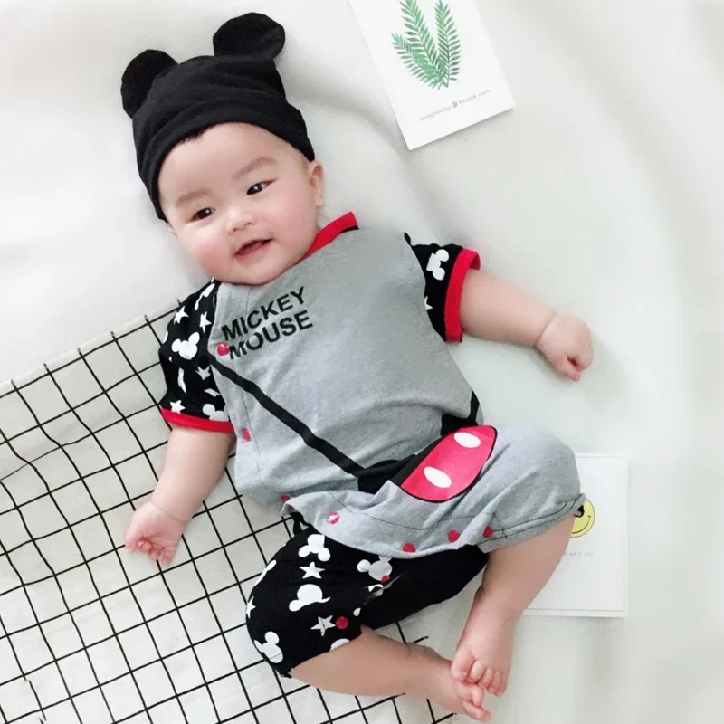 Summer Baby Rompers+Hat 2pcs Cartoon Mickey Minnie Boys Girls Jumpsuit Infant Costumes Newborn Baby Clothes Set Lovely Sets