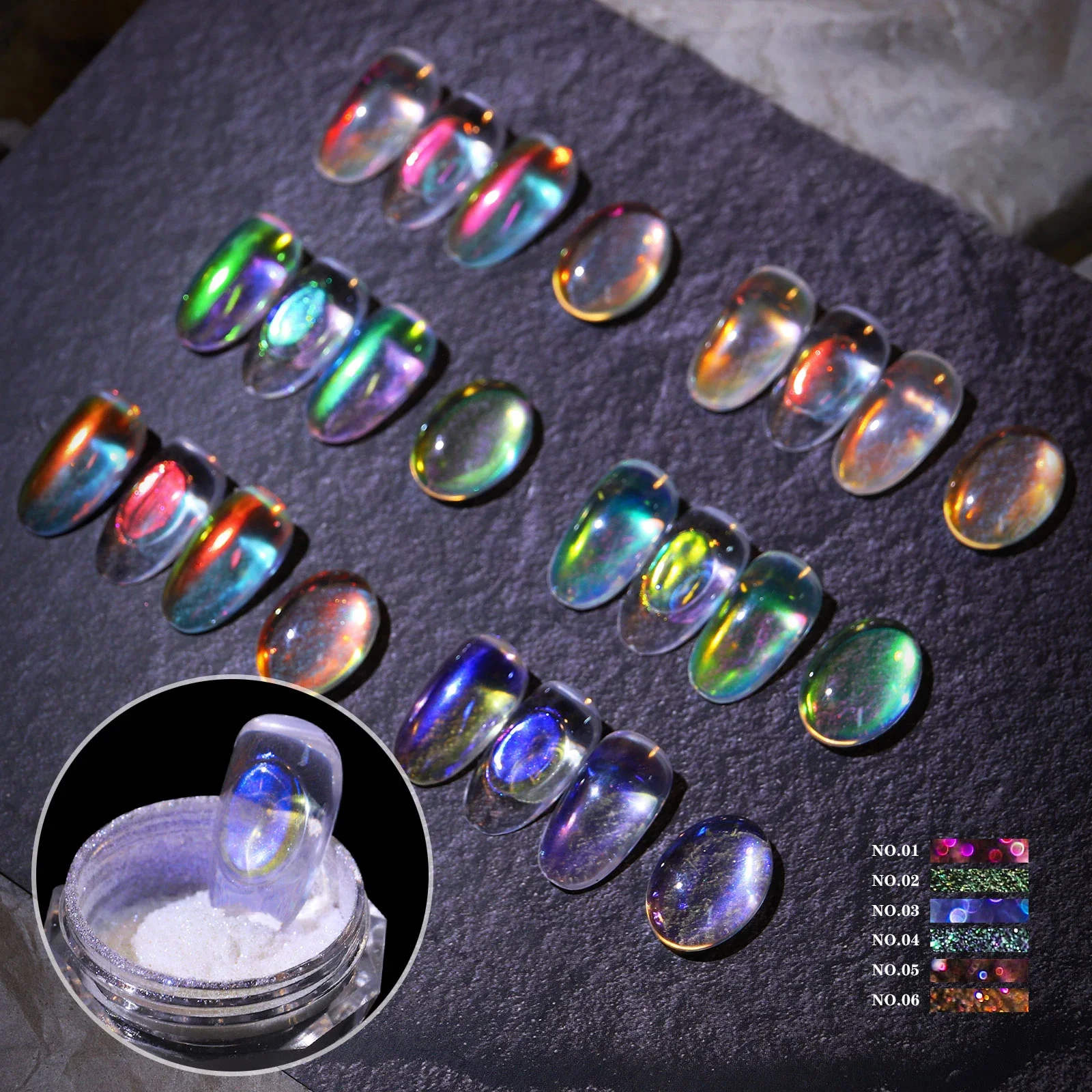 Aurora Ice Transparent Laser Magic Rainbow Mirror Nail Glitter Gel Pigment Powder Chrome Charm Nail Art Decoration Tools