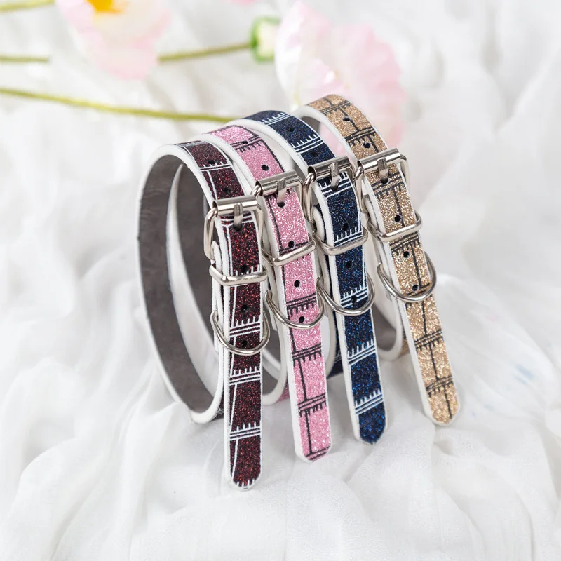 4color Dog Collar New Plaid Gold Powder Collar Puppy Collar Leather