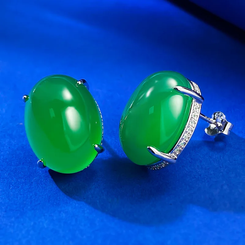 2023 New 925 Silver Full Diamond Inlaid 12 * 16 Simulated Jade Marrow Earrings Rich Women's Luxury Earrings