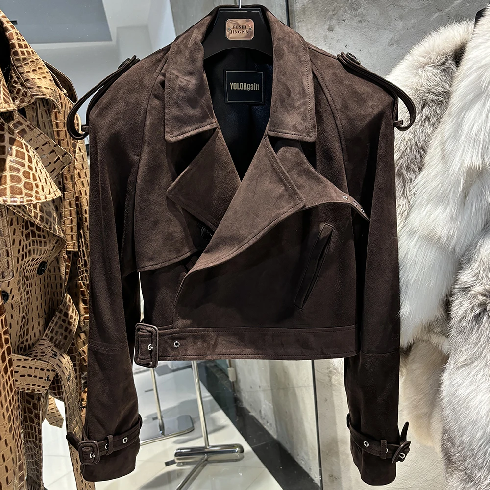 YOLOAgain veste en daim marron foncé à manches longues pour femme veste en cuir véritable