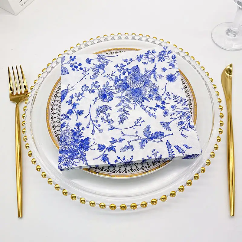 20pcs/pac Minimalist Printed Napkins Paper Ink Blue Patterned Dining Table Napkins Elegant Ancient Style Mouth Wiping Cloth paper napkins