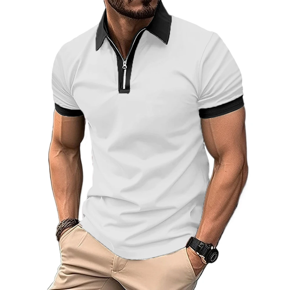 Summer Men's Splice Color Polo Shirt Short Sleeve Zipper Tshirts for Men Lapel Breathable Streetwear New Male Jogger Tops