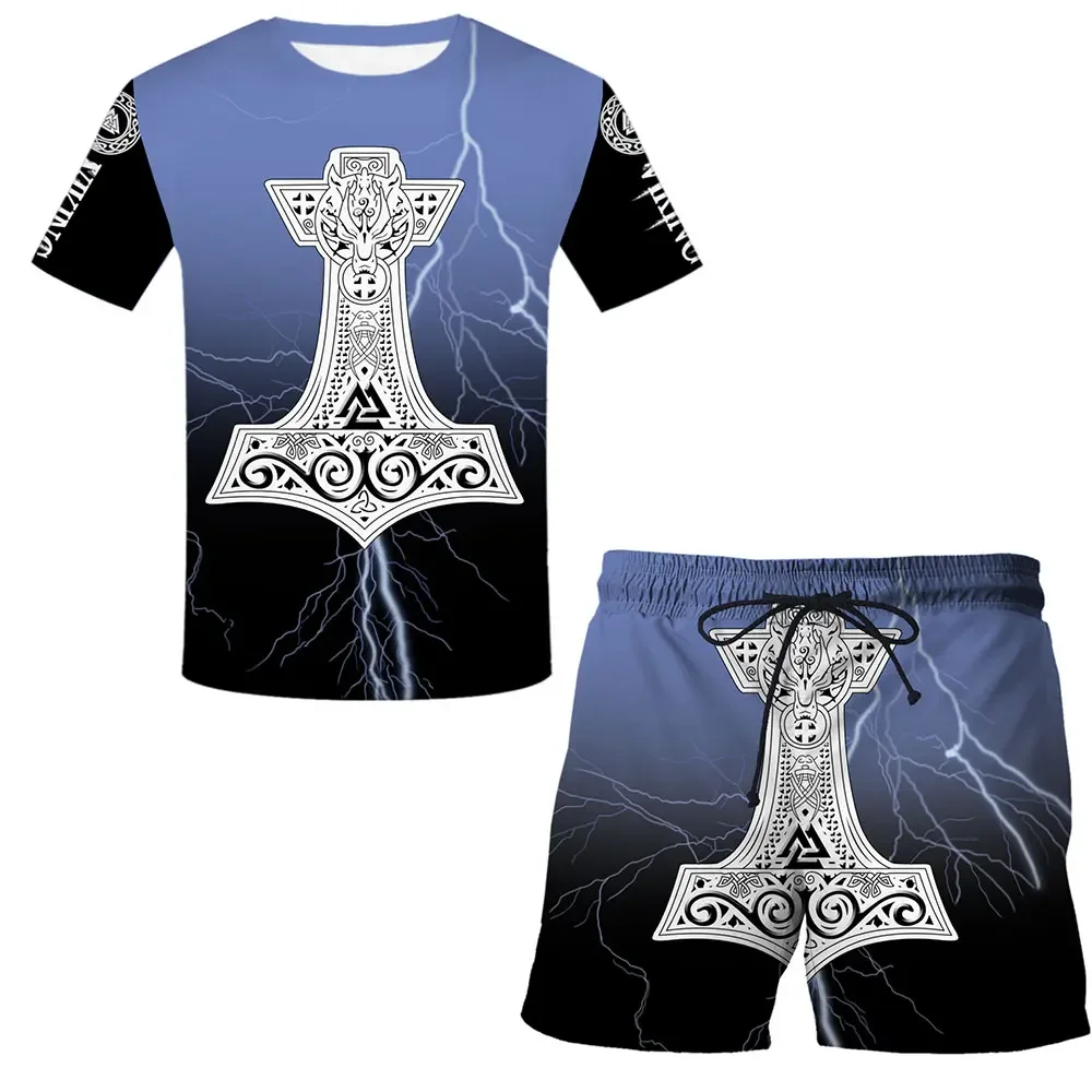 Moda Estate Girocollo T-Shirt Set Viking Tattoo 3D Stampato T-Shirt Da Uomo Pantaloncini Set Unisex Casual Sport Manica Corta Vestito