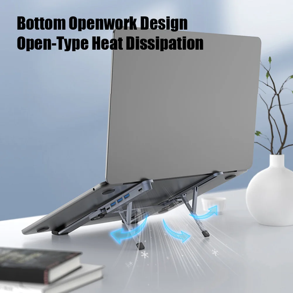 알루미늄 합금 노트북 홀더 스탠드(허브 USB 3.0/타입 C 포함) 17인치 맥북용 조절식 접이식 휴대용 냉각 미끄럼 방지 스탠드