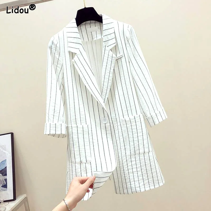 Women's Clothing Office Lady Loose Notched Pockets Striped Casual Formal Blazers Thin Three Quarter Sleeve Button Summer Tops