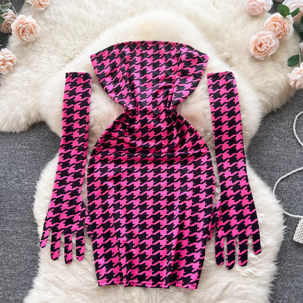 

Autumn European and American Style Niche Design with Sleeves Tube Top Houndstooth Waist Dress