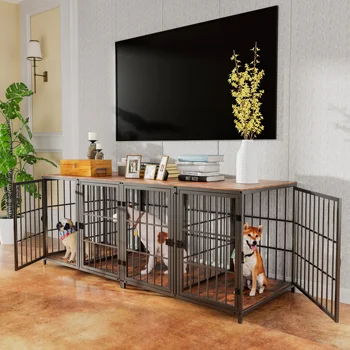 Heavy Duty Dog House End Table Furniture with Four Doors and Lock Latches Divider Wood Metal Pet Kennel Cage Crate 2