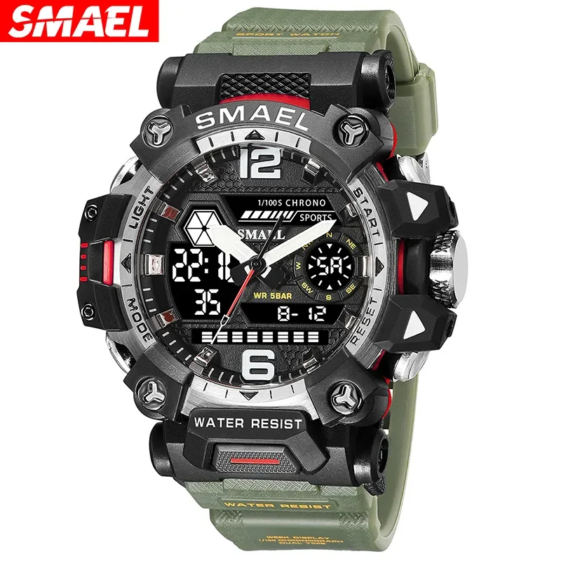 

SMAEL Brand Outdoor Sport Men's Watch Digital-Analog Dual Display Quartz Waterproof Wristwatches for Male Clock Youth Stopwatch