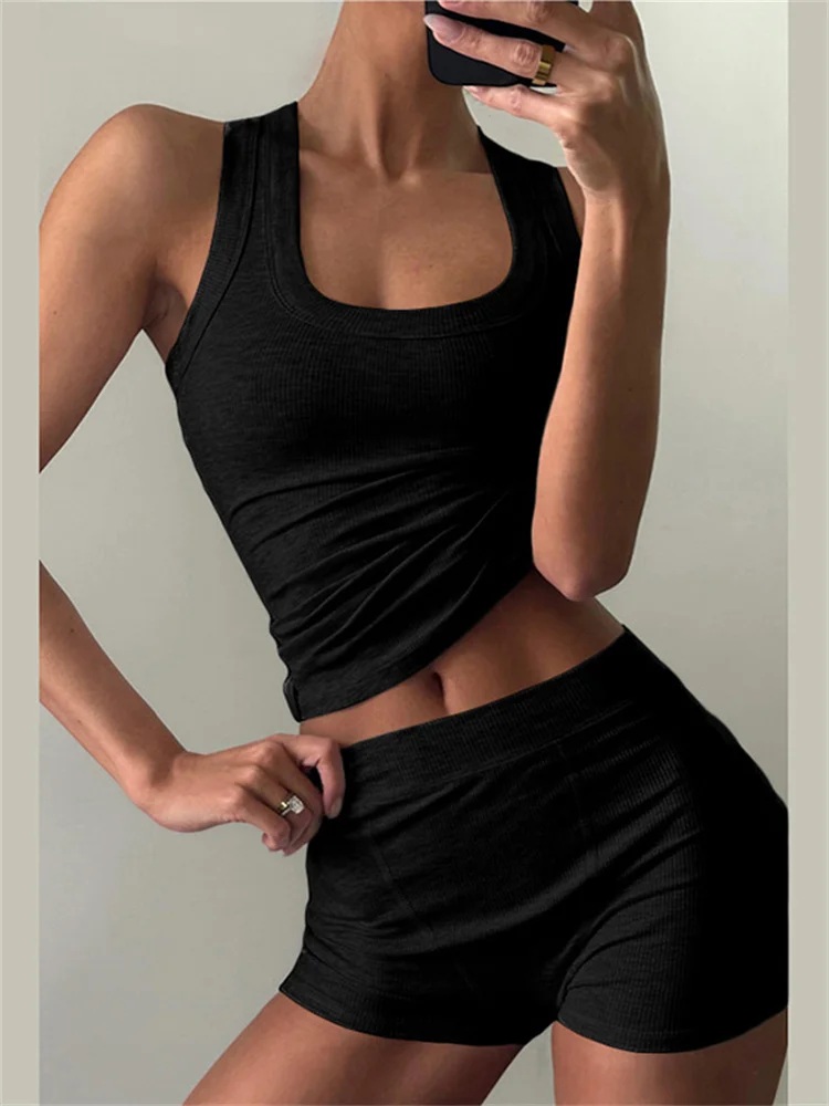 Nibber Ribbed Casual 2 Piece Set Women Tracksuit Sporty Square Collar Tank Tops+Shorts Suit Streetwear Simple Matching Outfits