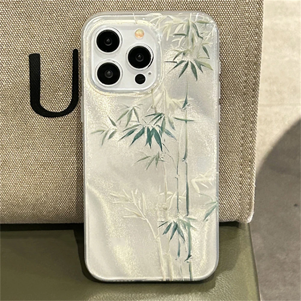 Chic Green Bamboo Feather Yarn Texture Case - Stylish & Durable Protection