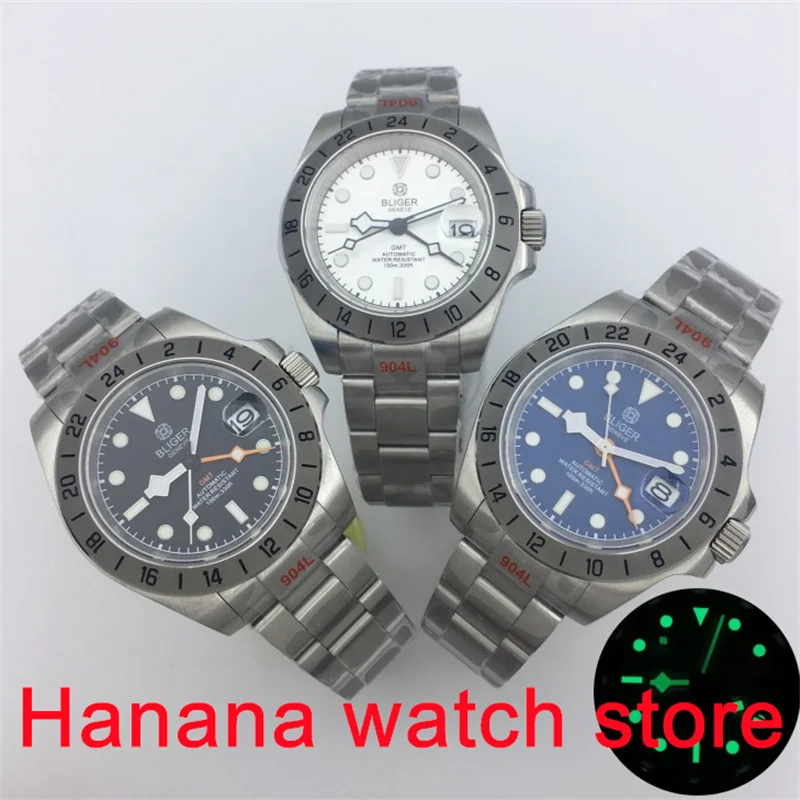 Bliger 40Mm Nh34A (Gmt) Orologio Da Uomo Automatico Nero Bianco Blu Quadrante In Vetro Zaffiro Quadrante Luminoso Manuale Gmt Cinturino Per Ostriche A