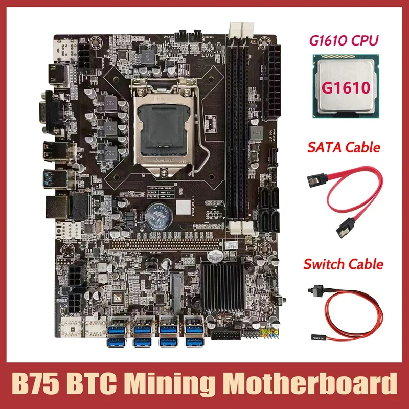 computer mother board B75 BTC Mining Motherboard+G1610 CPU+SATA Cable+Switch Cable LGA1155 8XPCIE to USB DDR3 B75 USB BTC Miner Motherboard budget pc motherboard