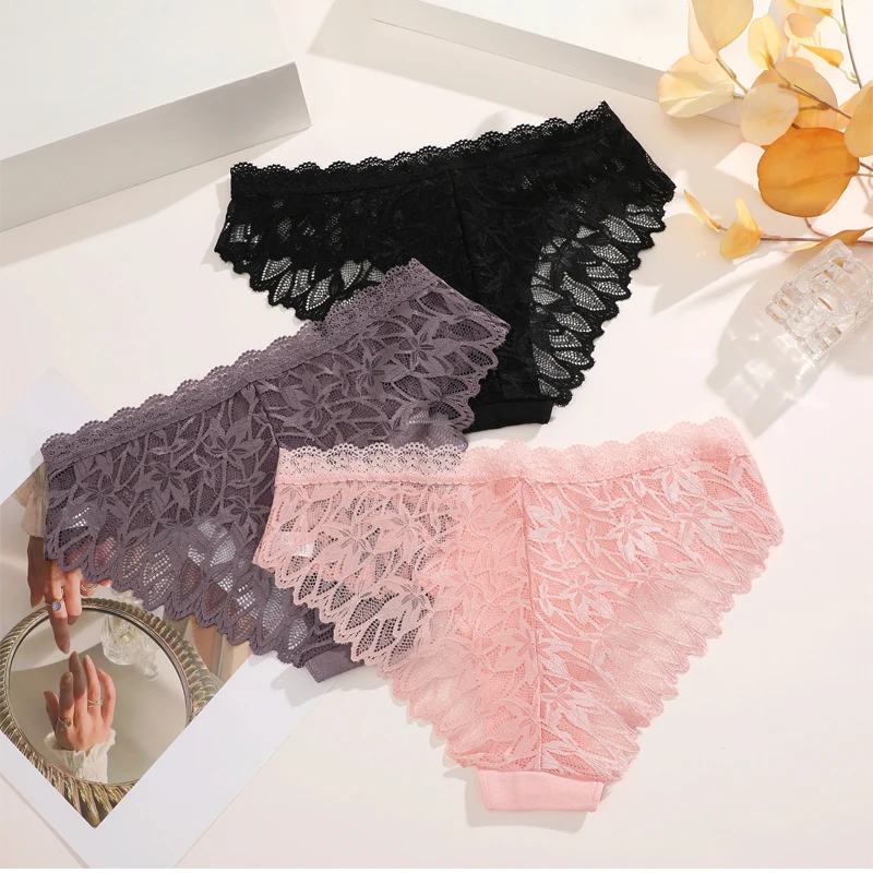 FINETOO 3-teiliges Spitzen-Höschen-Set für Damen, sexy, niedrig geschnitten, mit Blumenmuster, unsichtbar, atmungsaktiv, weich, Intimwäsche – Detail 5