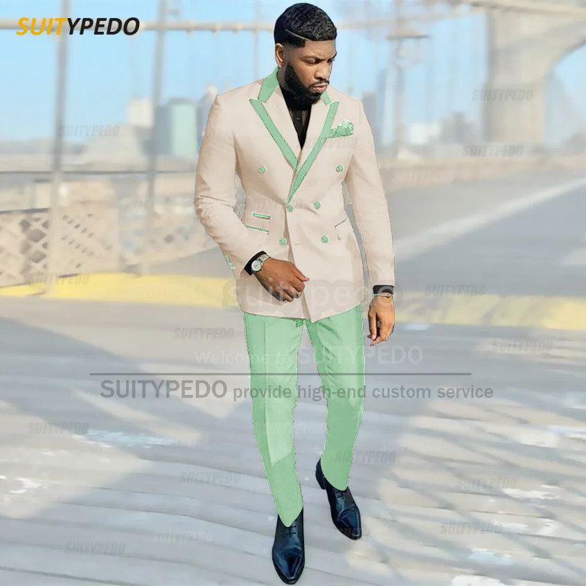 Men Beige Suit Sets 2-piece Set Blazer Pants Tuxedo Formal Business Outfits