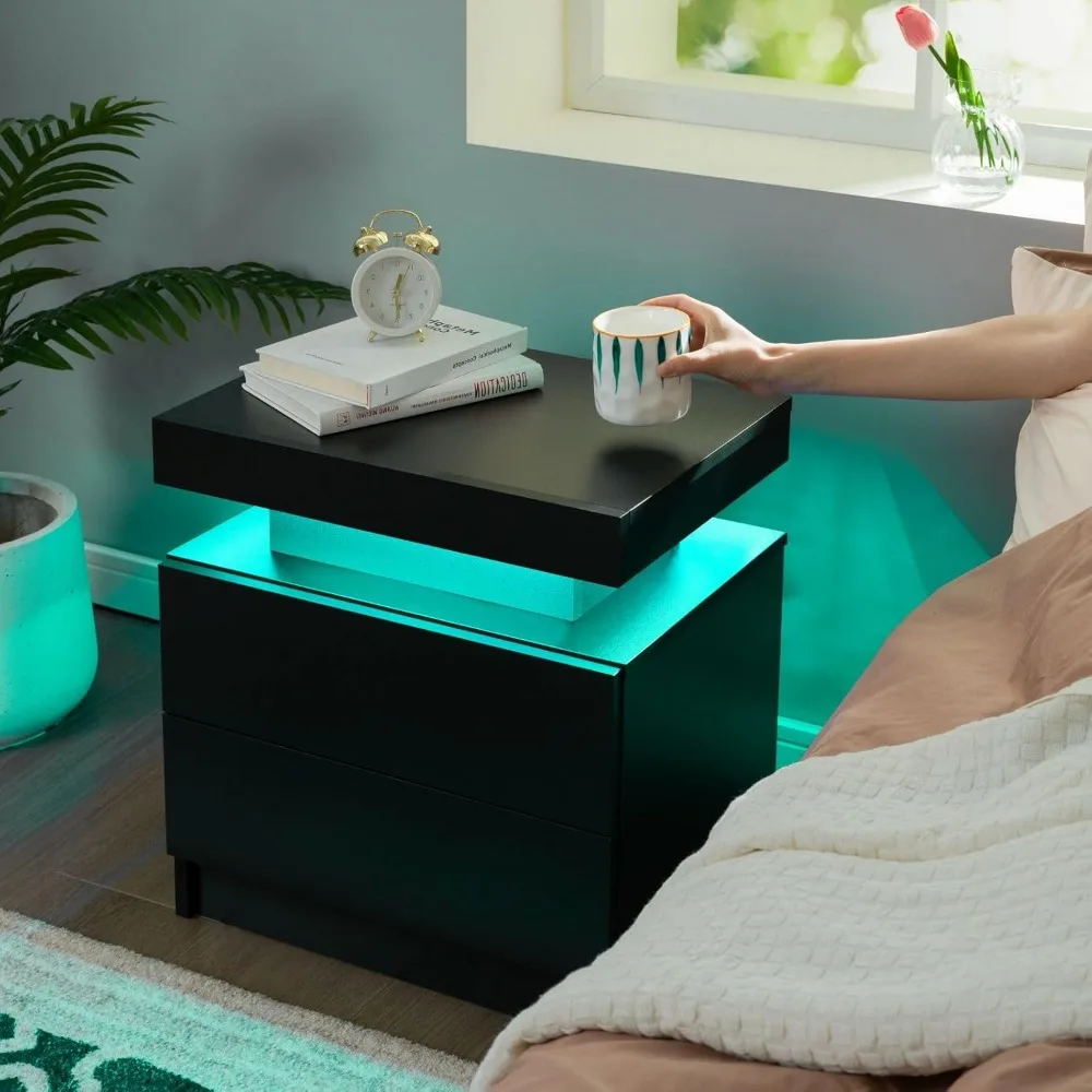 Nightstand Set of 2 LED Nightstand with 2 Drawers, Bedside Table with Drawers for Bedroom, Side Bed Table with LED Light, 6