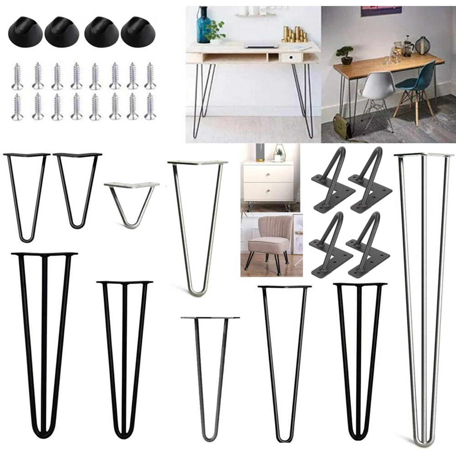 4/8/10/12/14/16/28/34IN 4 x Hairpin Table Hair Pin Legs Set with FREE Feet Protector & Screws for Furniture Bench Desk