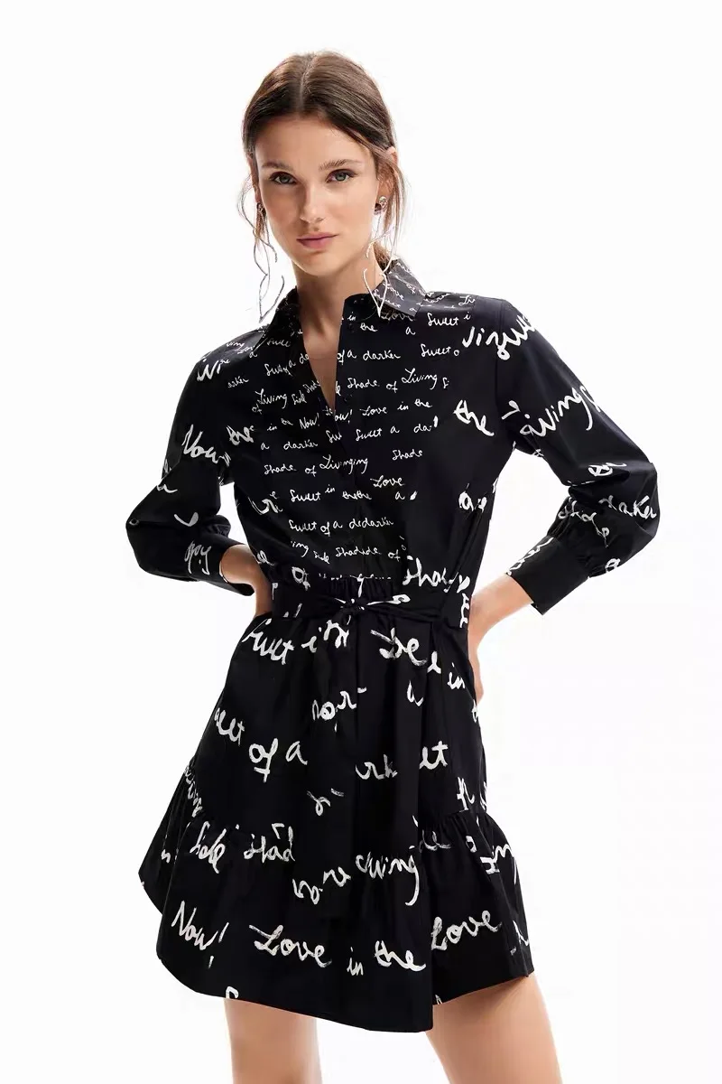 

Foreign Trade Spain D New Women's Dress Letter Printing Graffiti Waist Fold Collar Black Slim Long Dress Casual Fashion