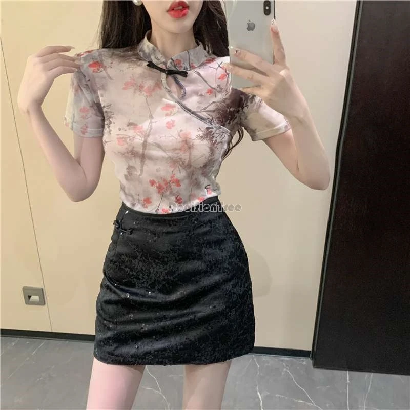 new chinese spicy girl style slim thin qipao top exquisite ink plum blossom printing gauze top retro literature art blouse