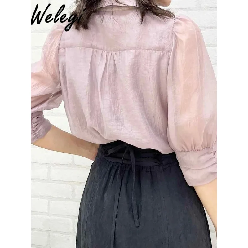 Kawaii Chiffon Bow Three Quarter Sleeve Shirts Women's Autumn Solid Color Commuter Top Single White Collar Loose Bottoming Shirt