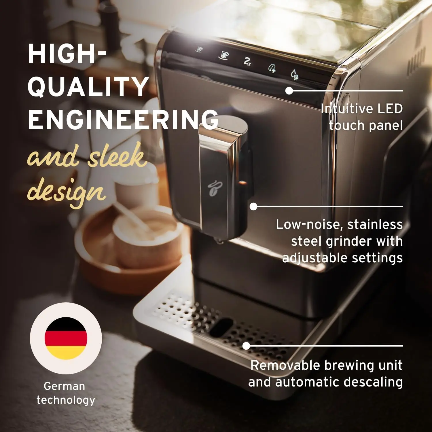 Automatic Espresso & Coffee Machine with Induction Milk Frother for Rich, Creamy Froth, Built-in Grinder, No Coffee Pods Needed,