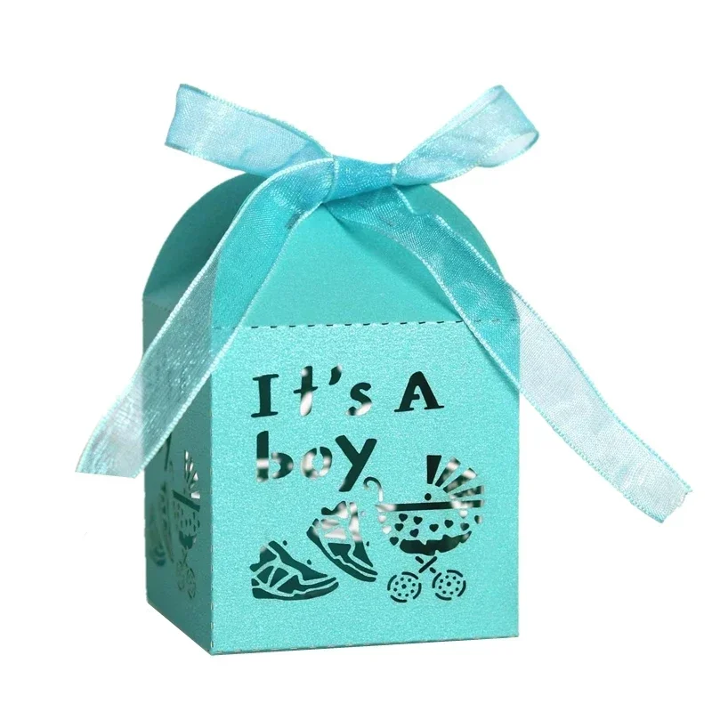 Cute Small Candy Snack Packaging Boxes It s A Boy Blue Gift Box with Ribbon for Baby Shower Baptism Birthday Party Wrap Supplies