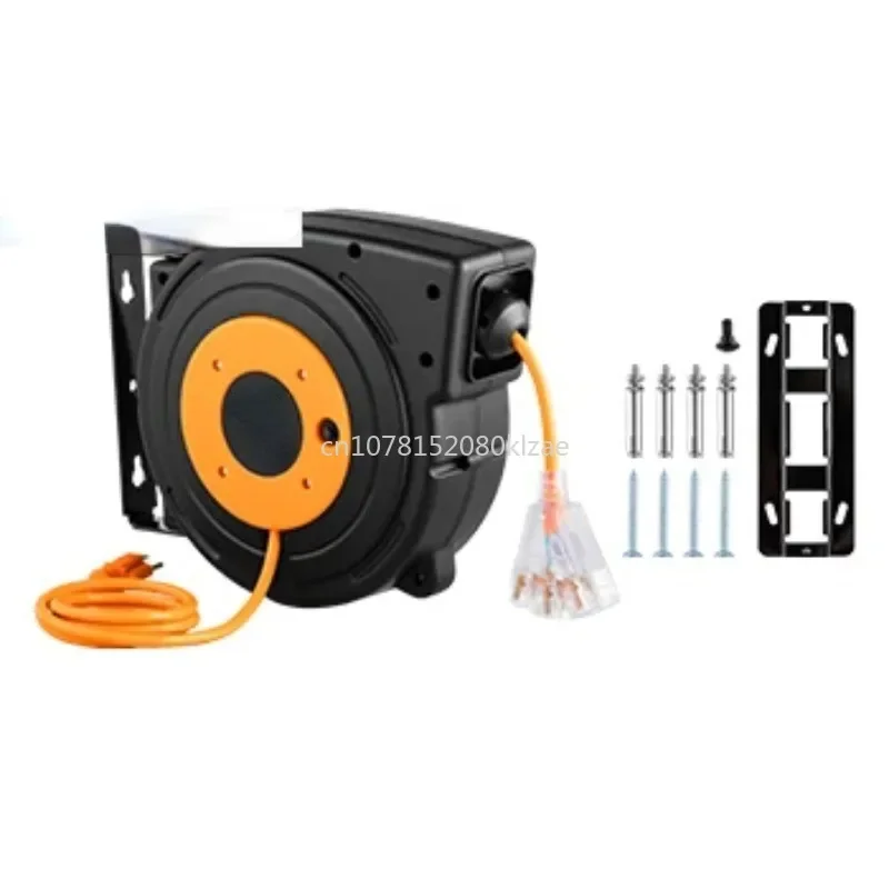

Black heavy-duty power cord with luminous three-tap outlet and 180° rotating stand, extendable reel 45/50/65 FT