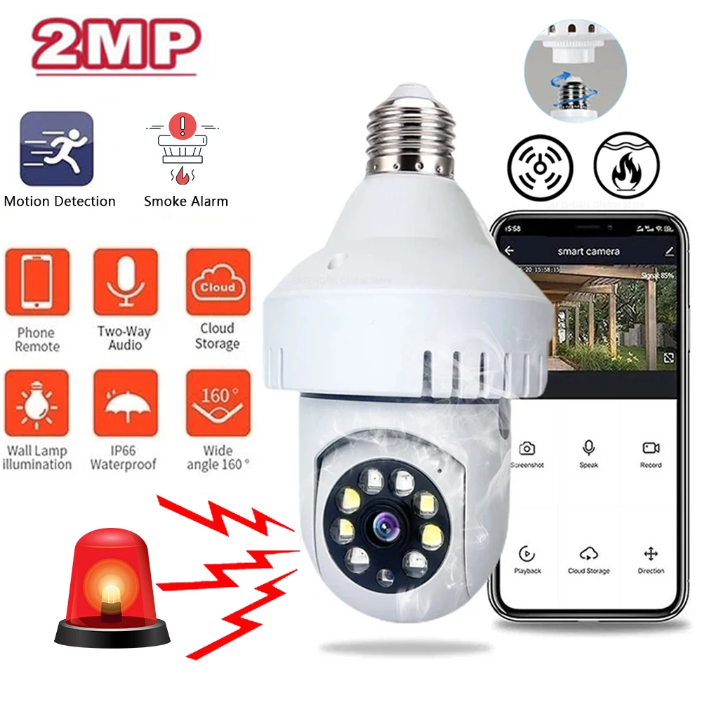 

2023 E27 Bulb Surveillance Camera Automatic Human Tracking Smoke Alarm Night Vision Full Color 5X Digital Zoom Security Monitor