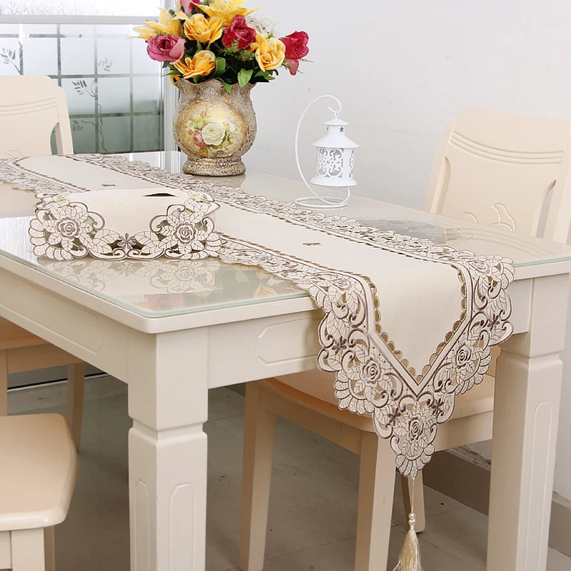 

40*150cm/40*196cm/40*246cm/30*45cm Table Runner Embroidered Floral Lace Fabric Translucent Gauze Table Cloth
