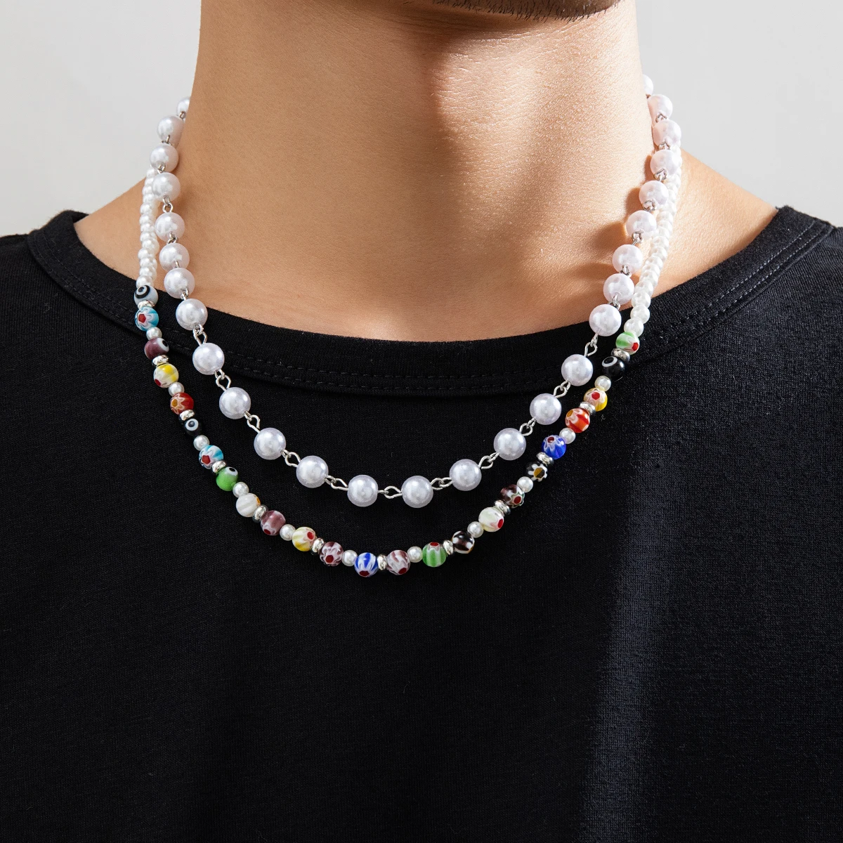 Ingesight.Z Collana Girocollo Con Perline Stampate Colorate Bohémien Multistrato Per Uomo Collana Con Catena Di Perle Imitazione Punk Party